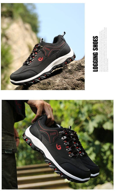 Front angle of men's sturdy waterproof hiking shoes, perfect for all weather conditions