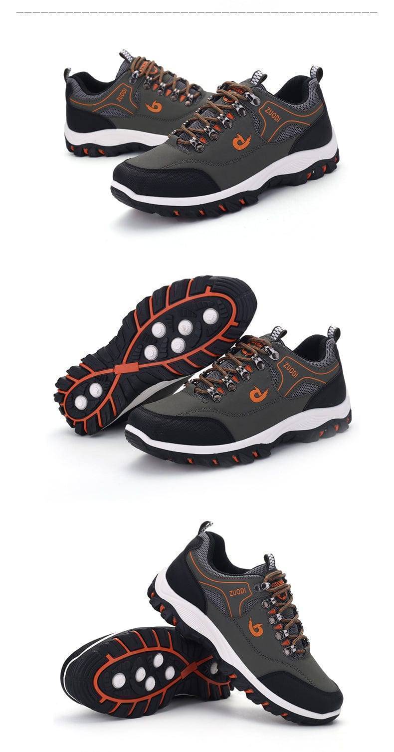 Collection of men's waterproof leather outdoor shoes, showcasing various brown shades