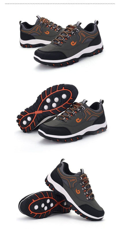 Collection of men's waterproof leather outdoor shoes, showcasing various brown shades