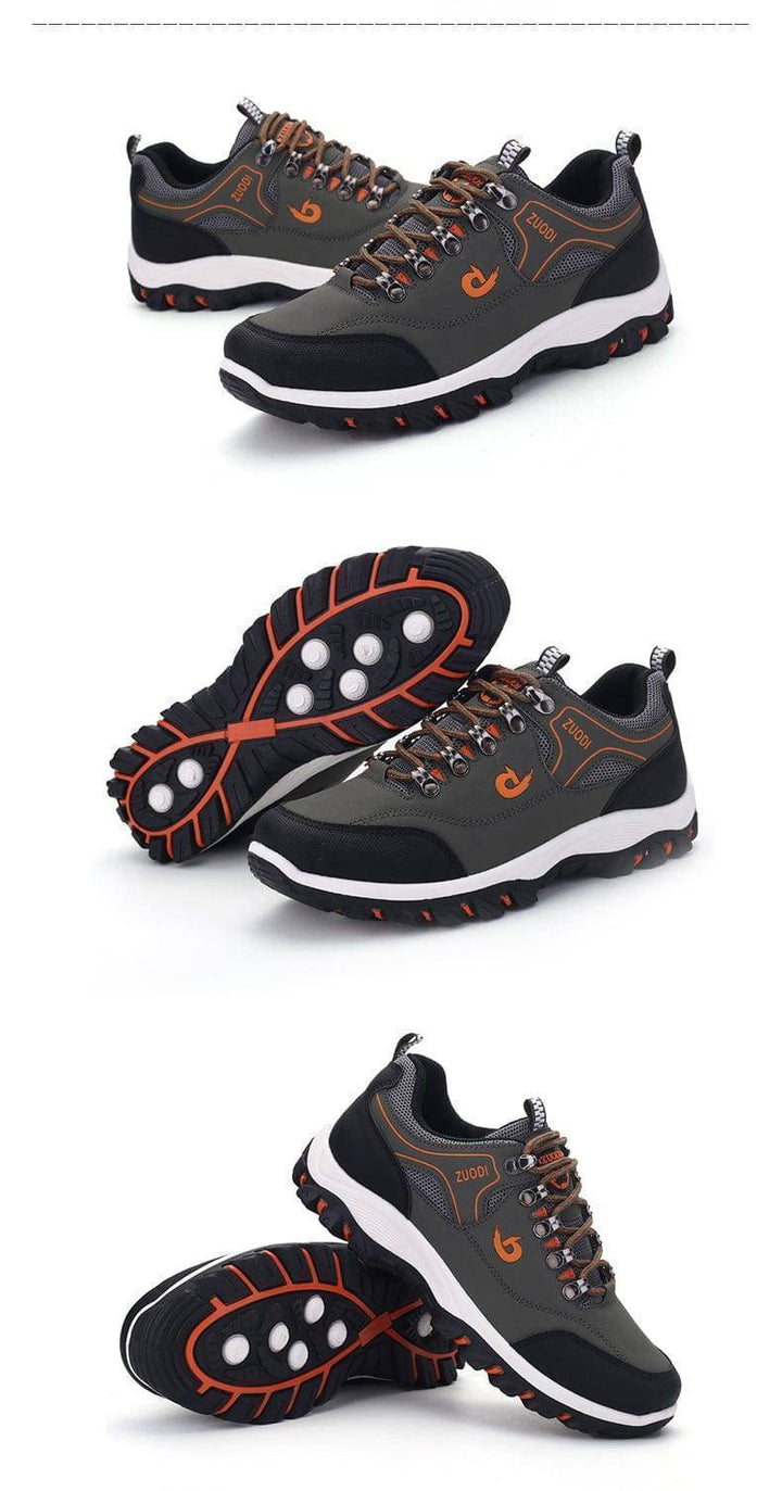 Collection of men's waterproof leather outdoor shoes, showcasing various brown shades