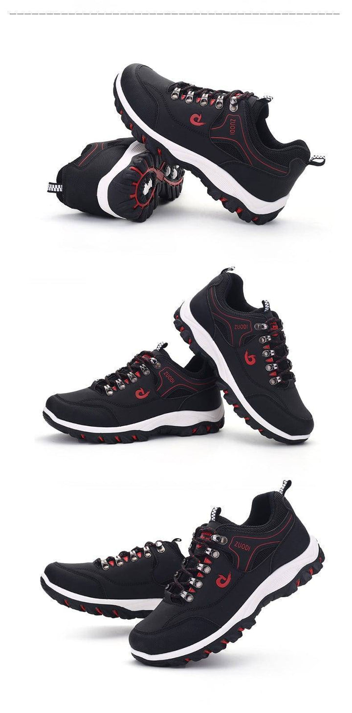 Action shot of men's waterproof hiking shoes splashing through a shallow stream, durable footwear