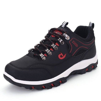 Top-down view of men's waterproof walking shoes, highlighting wide toe box and lacing system