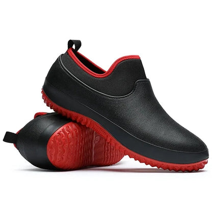 Men's waterproof slip-on work shoes, non-slip and durable for industrial all-day comfort.