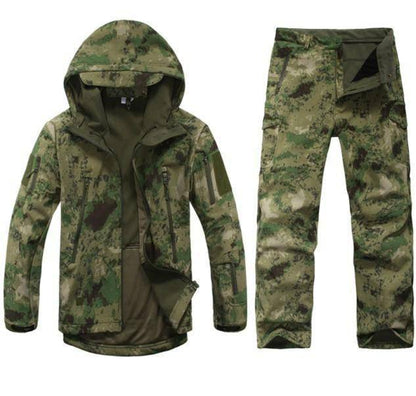 Full view of men's waterproof tactical jacket & pants set, perfect for harsh outdoor conditions