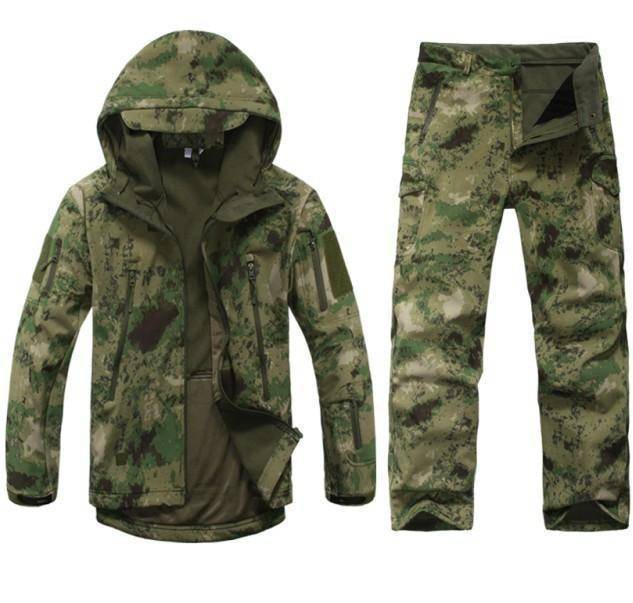 Full view of men's waterproof tactical jacket & pants set, perfect for harsh outdoor conditions