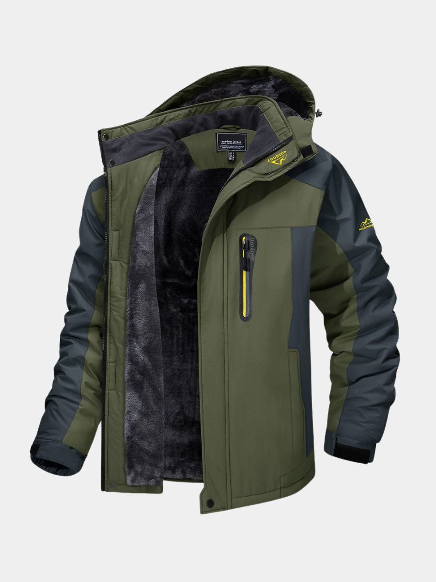 Warm men's waterproof hiking jacket. Stay dry & comfortable in cold, wet weather. Perfect for winter travel.