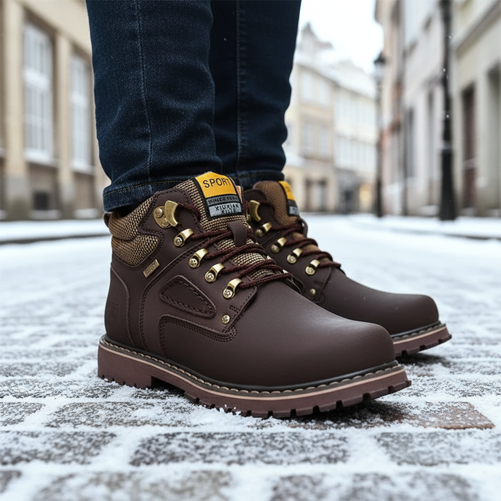 Men's waterproof winter sneakers, retro style, warm & comfortable for all-weather outdoor adventures.
