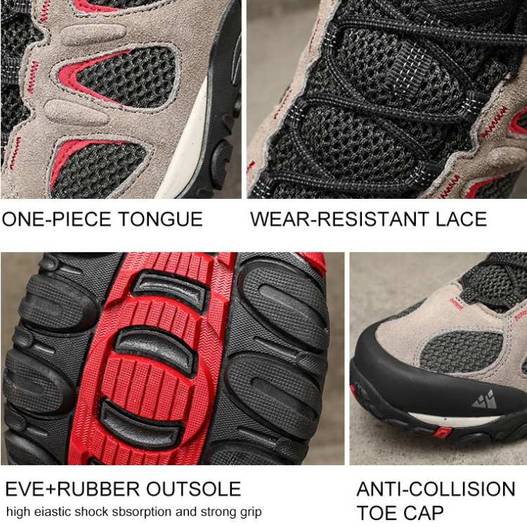 Close-up of men's waterproof hiking boots, showing strong grip and robust design