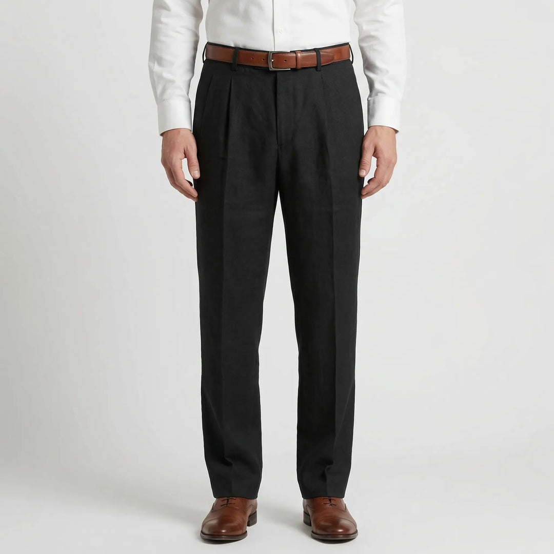 Men's fashion essential: Smart versatile pleated straight leg trousers, a sophisticated wardrobe staple.