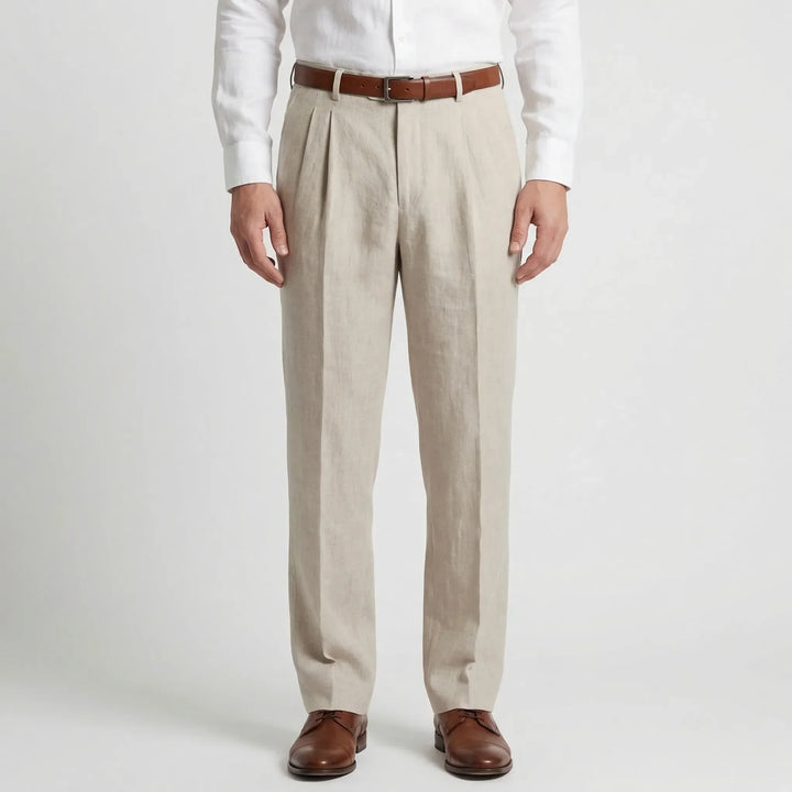Detailed view of men's Wesley pleated straight leg pants, showcasing fabric texture and modern tailored fit.