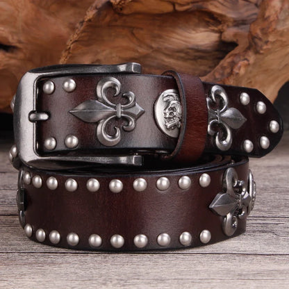 Men's western belt with silver studs & bold Fleur-de-Lis buckle. Perfect for cowboy style fashion.