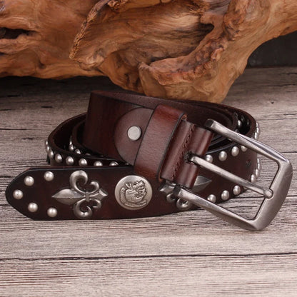Rugged brown men's western belt featuring decorative studs & a prominent Fleur-de-Lis statement buckle.