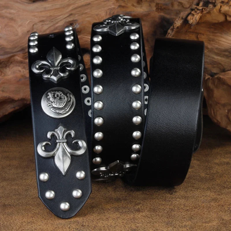 Black men's studded western belt with an intricate Fleur-de-Lis buckle. Ideal for a bold fashion statement.