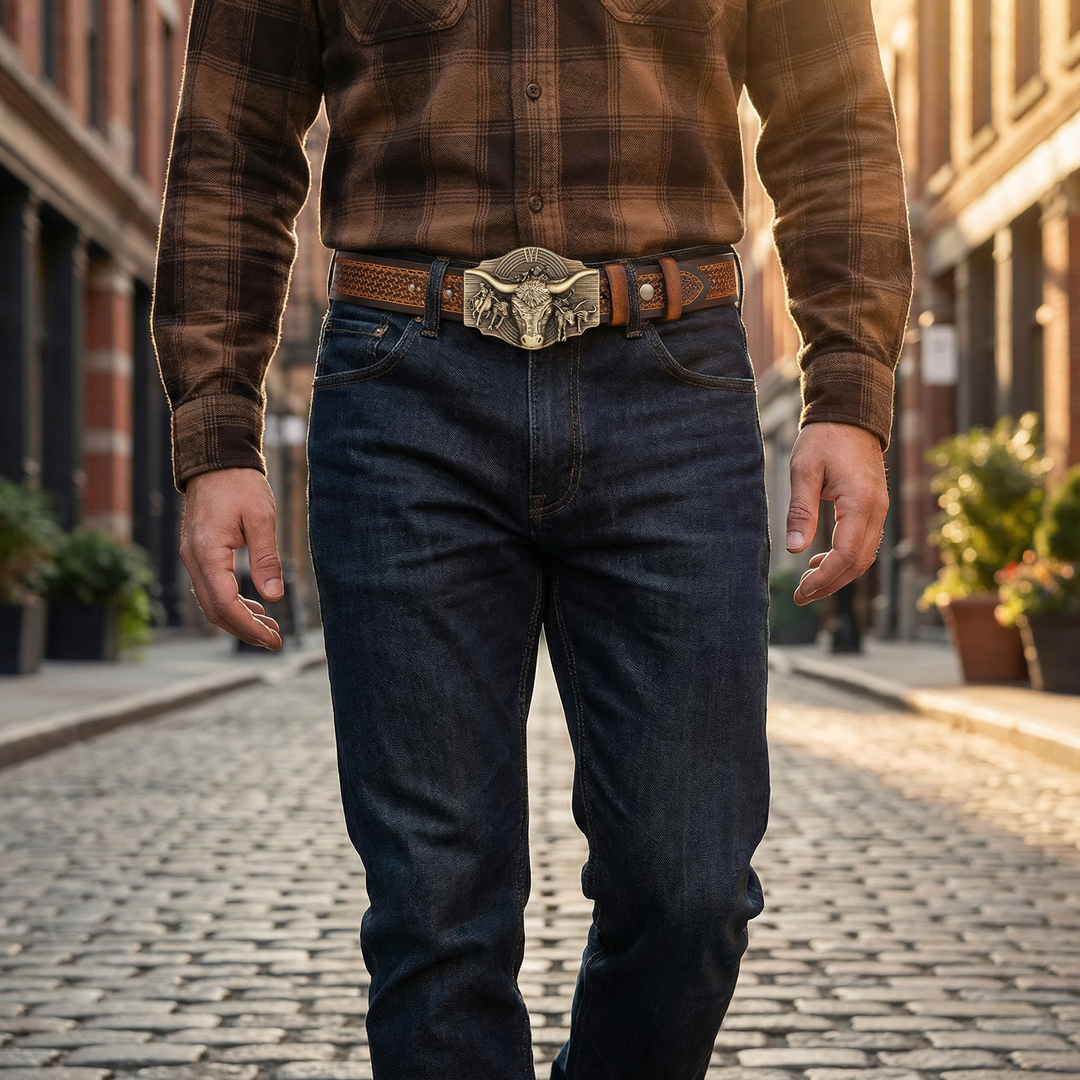 Men's western embossed cow head belt, a rugged accessory with a durable alloy buckle.