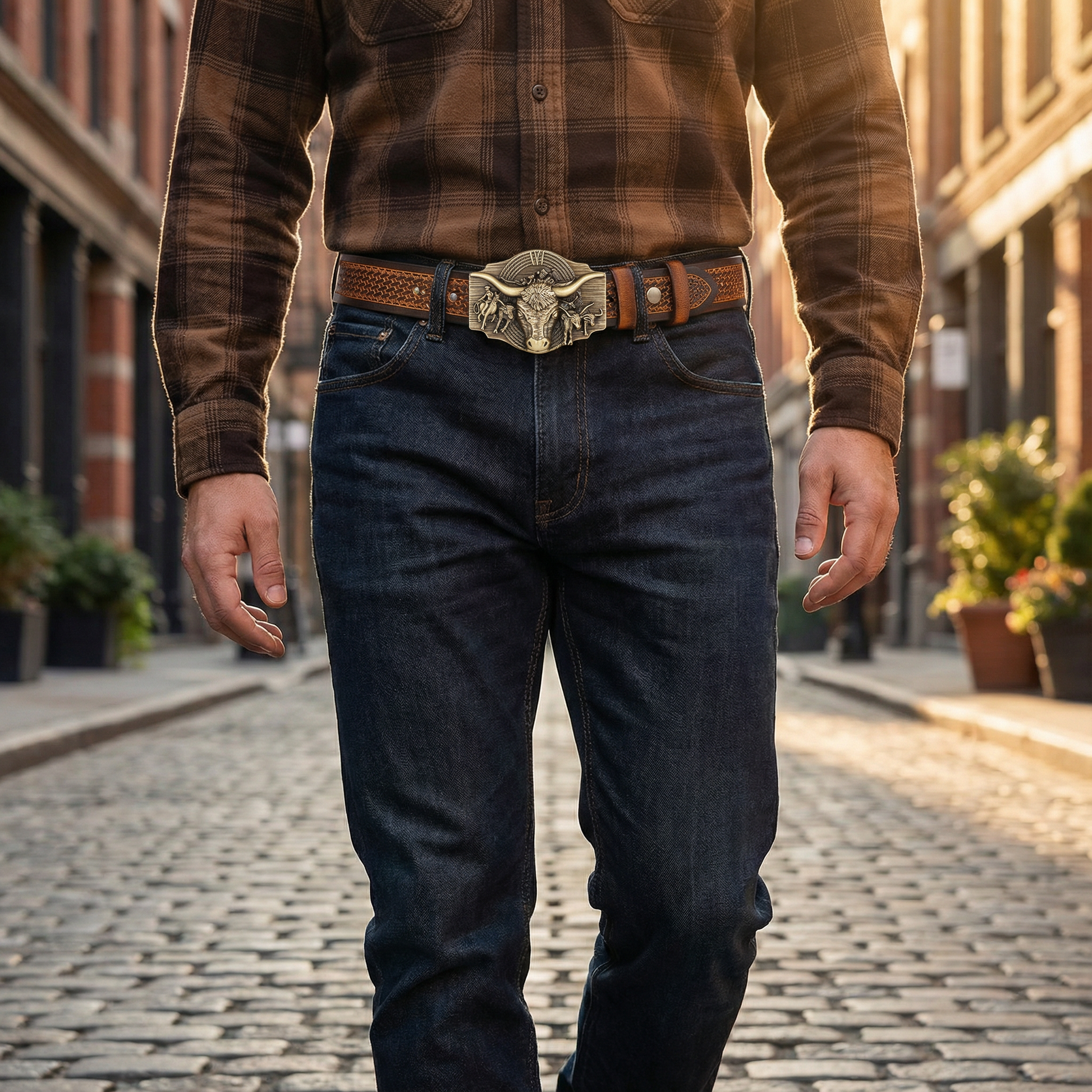 Men's western embossed cow head belt, a rugged accessory with a durable alloy buckle.