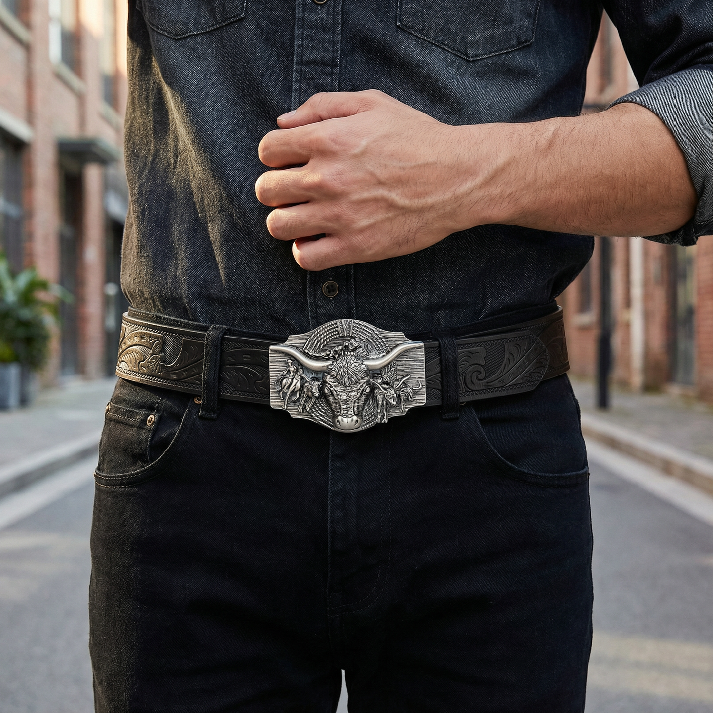 Detailed embossed cow head on a men's casual cowhide style western belt, sturdy alloy buckle.