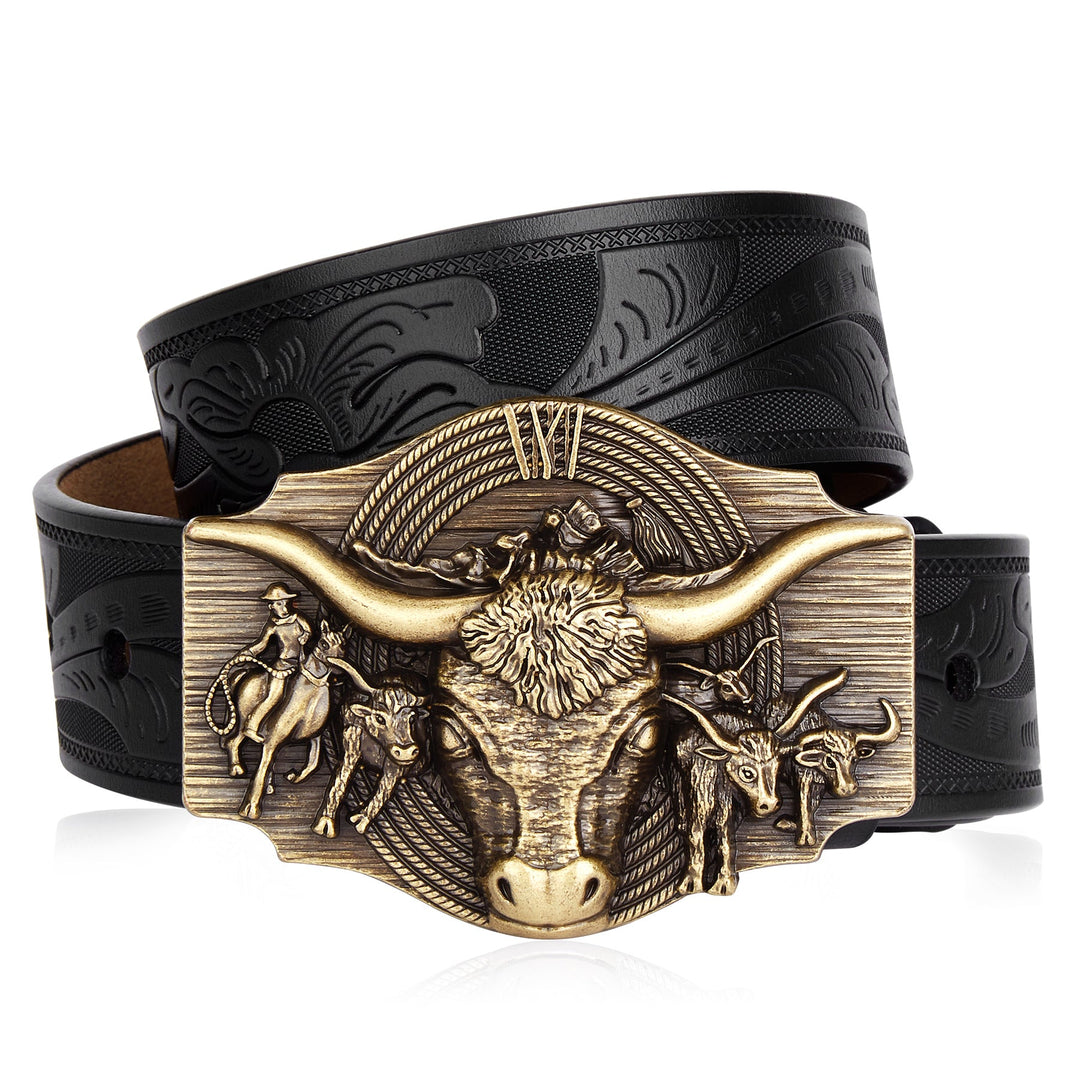 Rugged men's western belt: embossed cow head design & durable cowhide style with a classic alloy buckle.