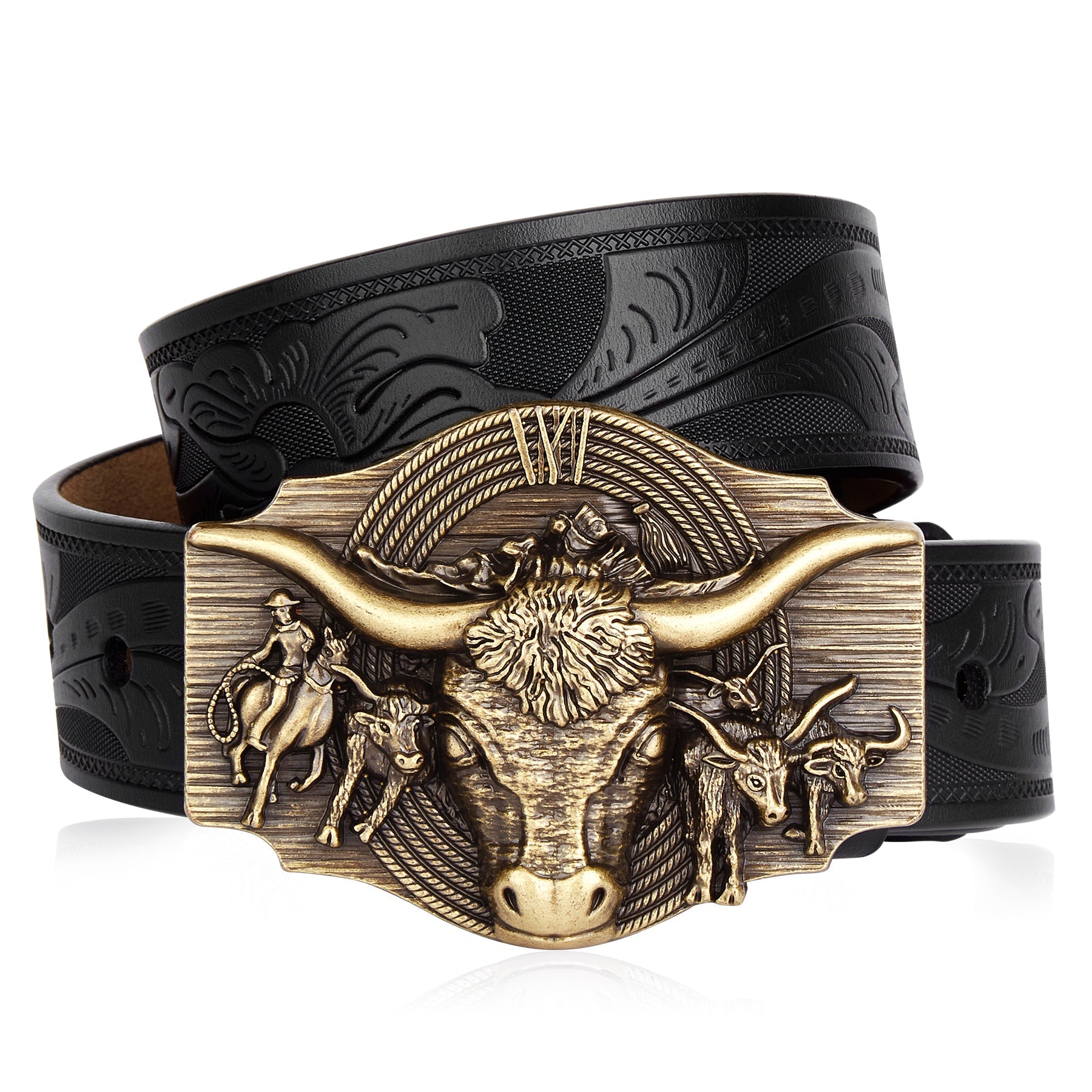 Rugged men's western belt: embossed cow head design & durable cowhide style with a classic alloy buckle.