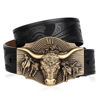 Rugged men's western belt: embossed cow head design & durable cowhide style with a classic alloy buckle.