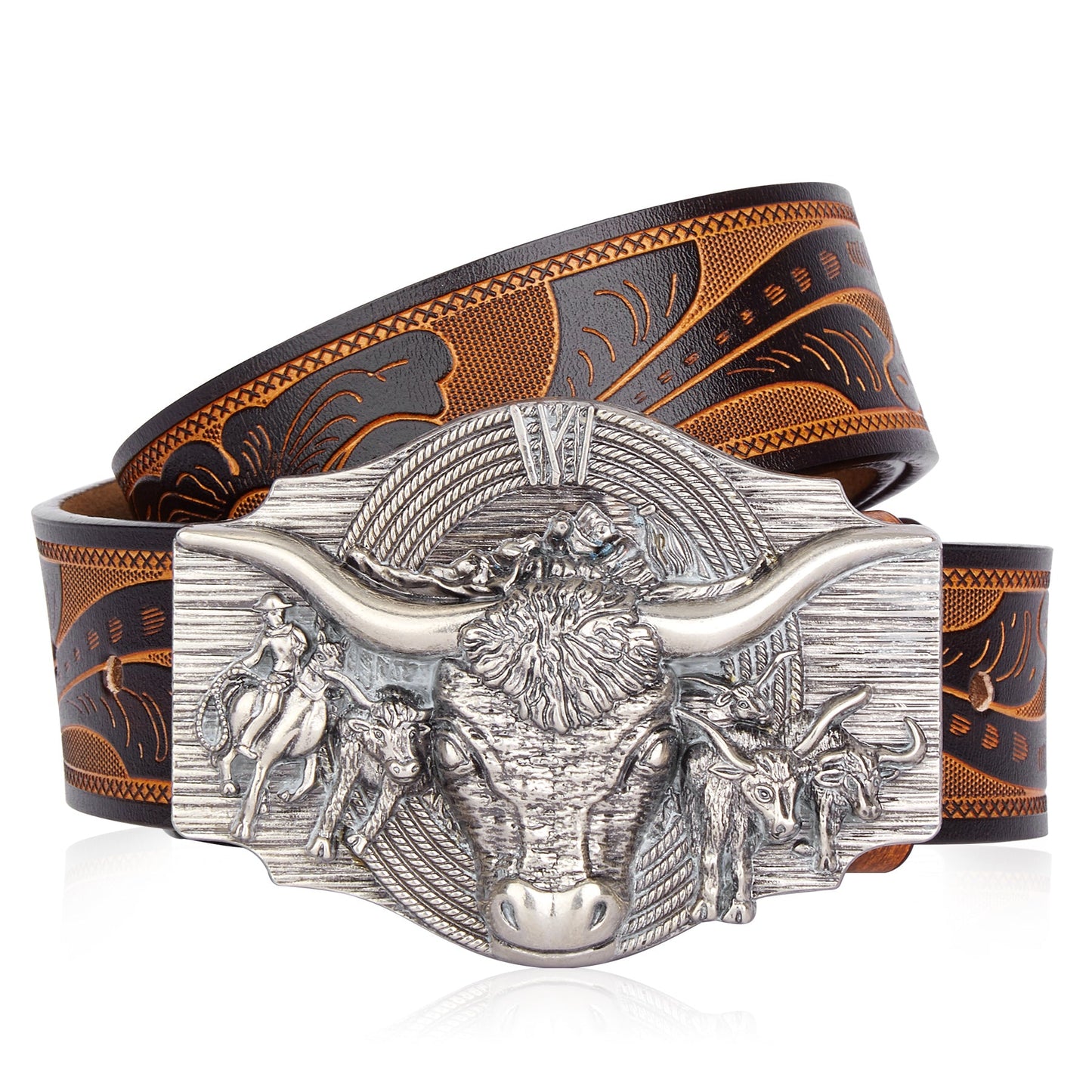 Close-up of a men's embossed cow head belt, showcasing the intricate western design and alloy buckle.