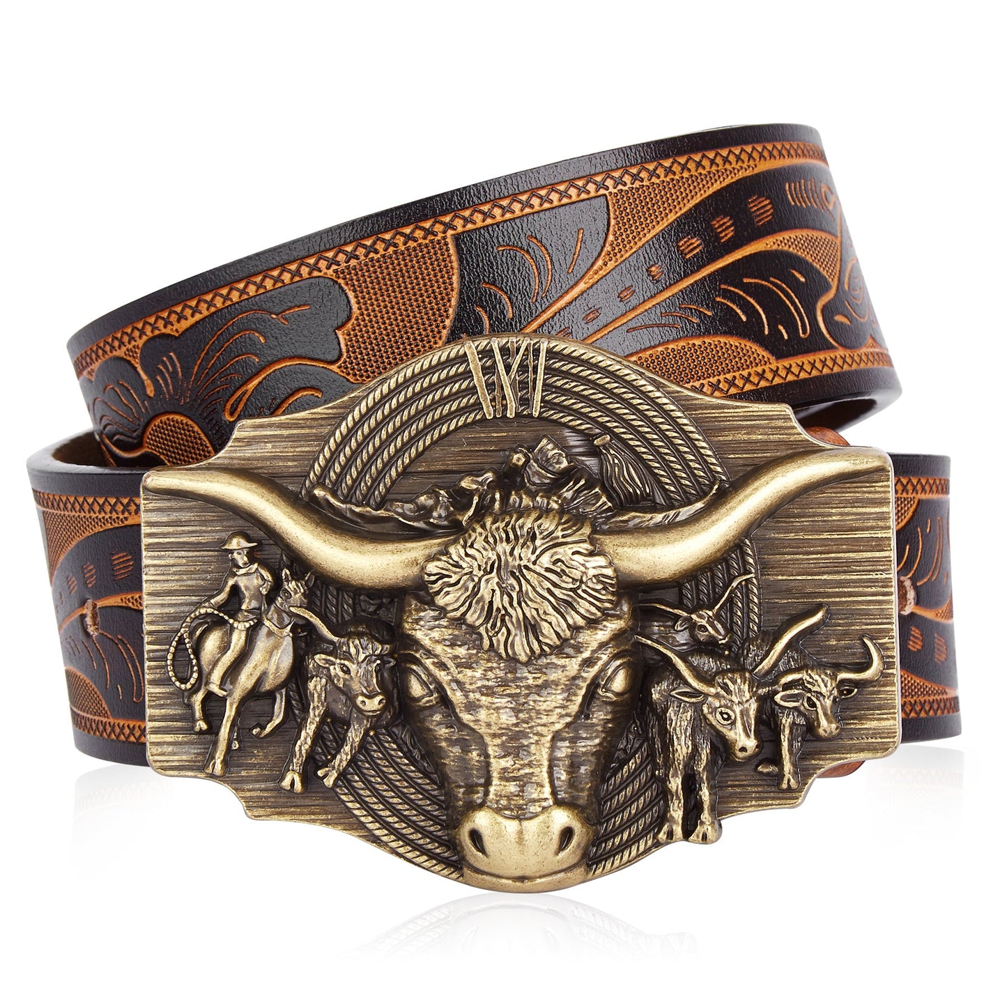 Stylish men's casual accessory: cowhide style belt with an embossed cow head and rugged alloy buckle.