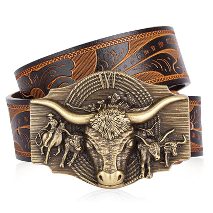 Stylish men's casual accessory: cowhide style belt with an embossed cow head and rugged alloy buckle.