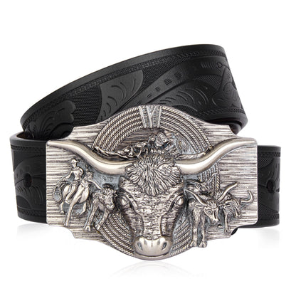 High-quality men's western belt, featuring an embossed cow head and a durable alloy buckle for a rugged look.