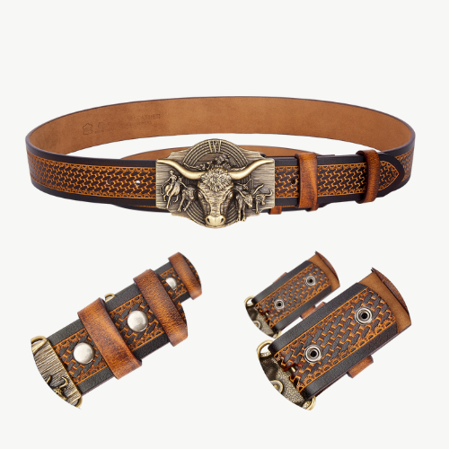 Full shot of a men's embossed cow head western belt, perfect for a rugged, casual cowhide style.