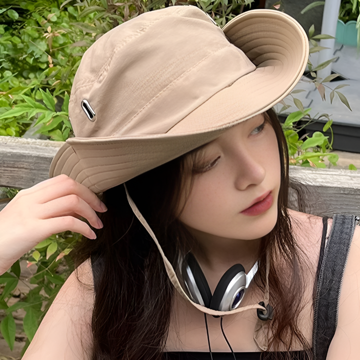Durable men's wide brim sun hat with adjustable chin strap. Essential for beach, fishing, hiking. Provides UV protection.
