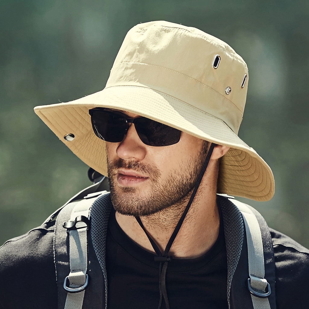 Versatile men's wide brim sun hat. Chin strap for security. Perfect for hiking, beach, fishing, travel. Offers UV protection.