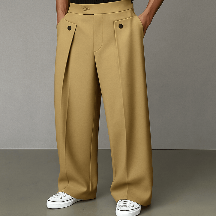Flared men's wide-leg pants, perfect for smart casual outfits, offering comfort and a contemporary look.
