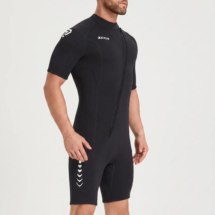 Durable 3mm neoprene shorty wetsuit for warm water sports. Front zip design for easy wear, unisex fit.