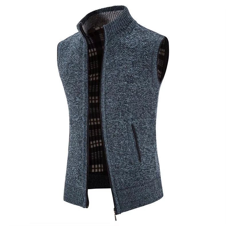 Sleek men's full-zip vest in a warm wool blend, featuring a contrast plaid lining for added style.