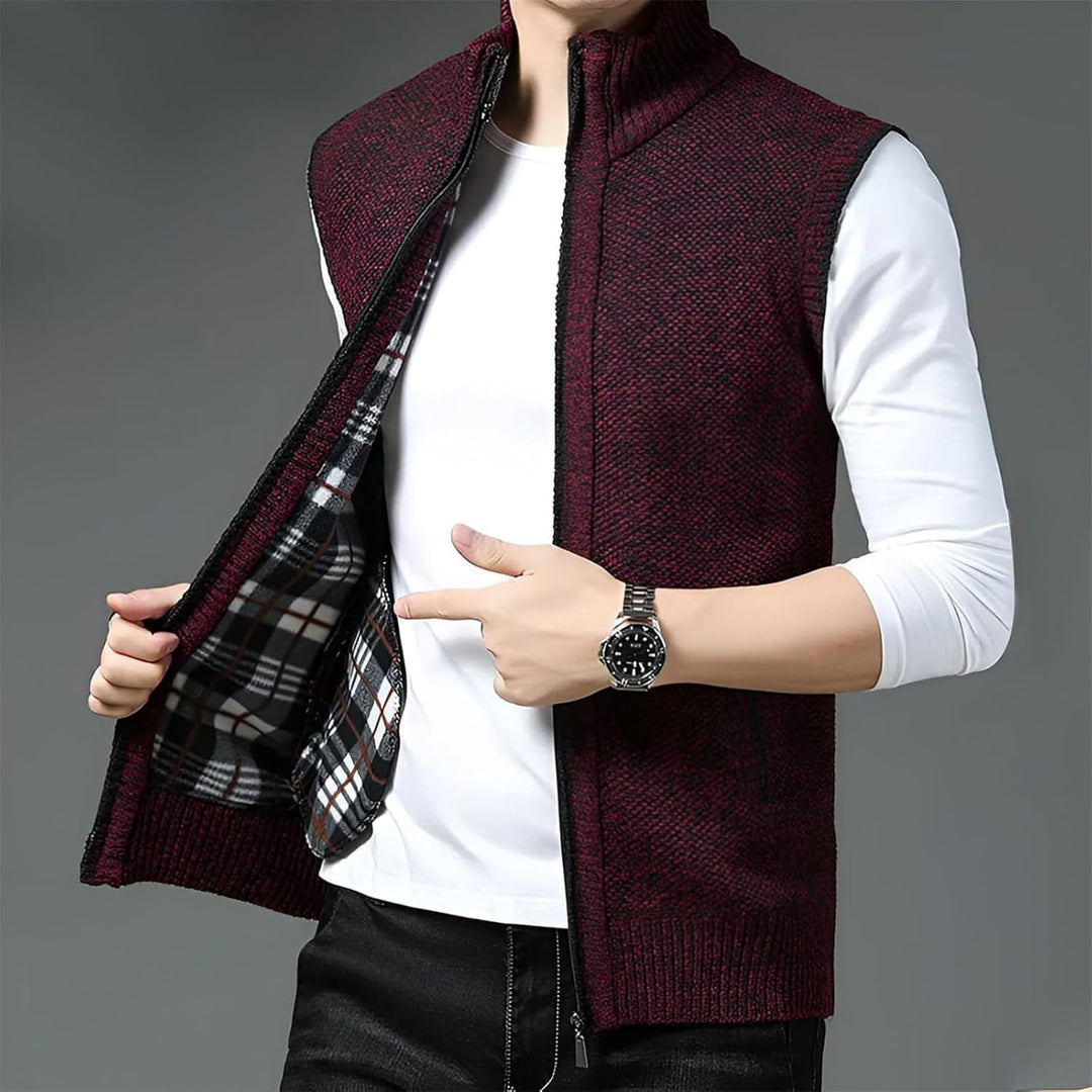 Men's wool blend full-zip vest with plaid lining. A versatile layering piece for men's fashion.