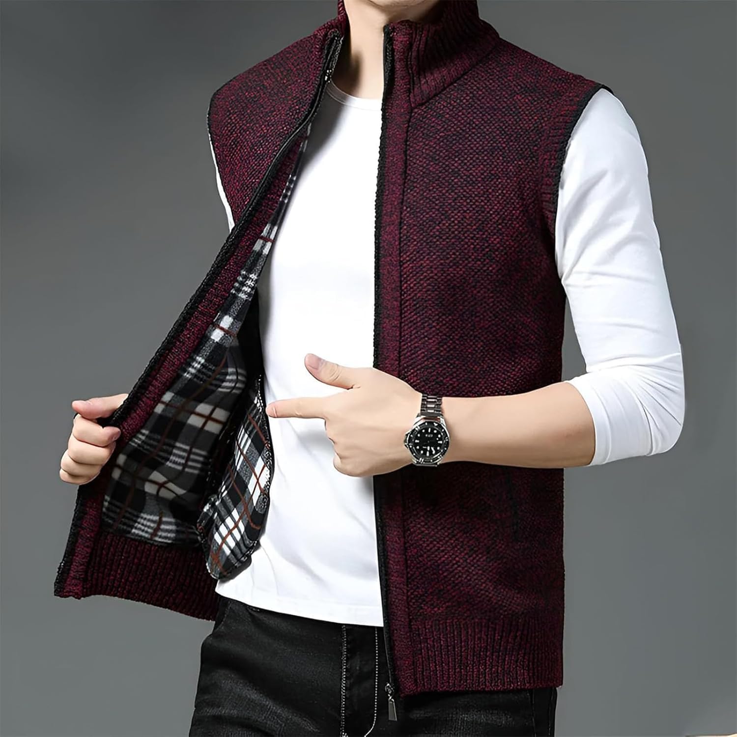 Men's wool blend full-zip vest with plaid lining. A versatile layering piece for men's fashion.