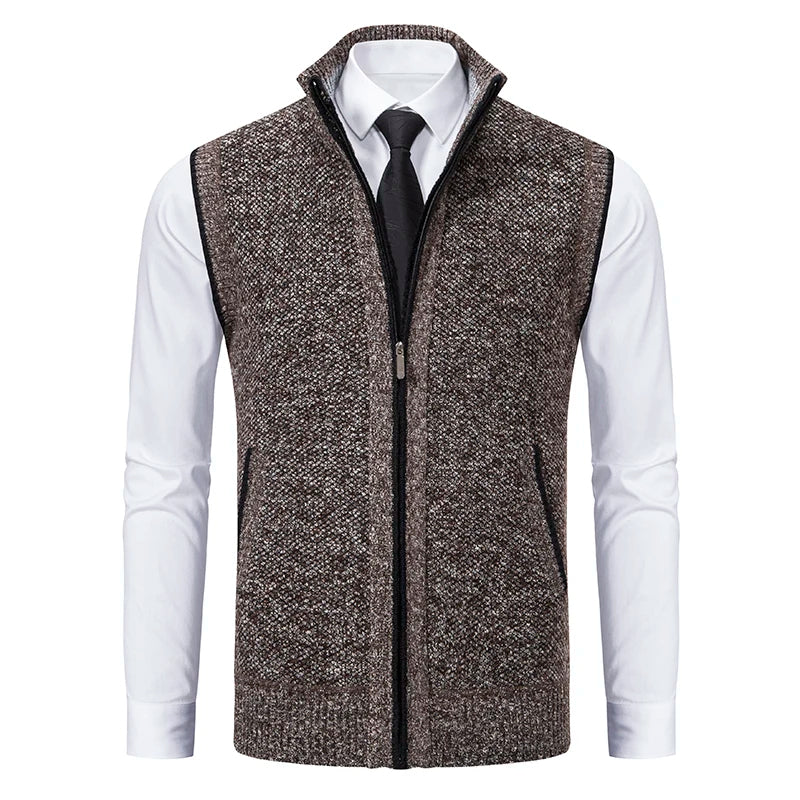 Classic men's wool blend vest, full-zip closure, features a chic plaid lining for versatility.