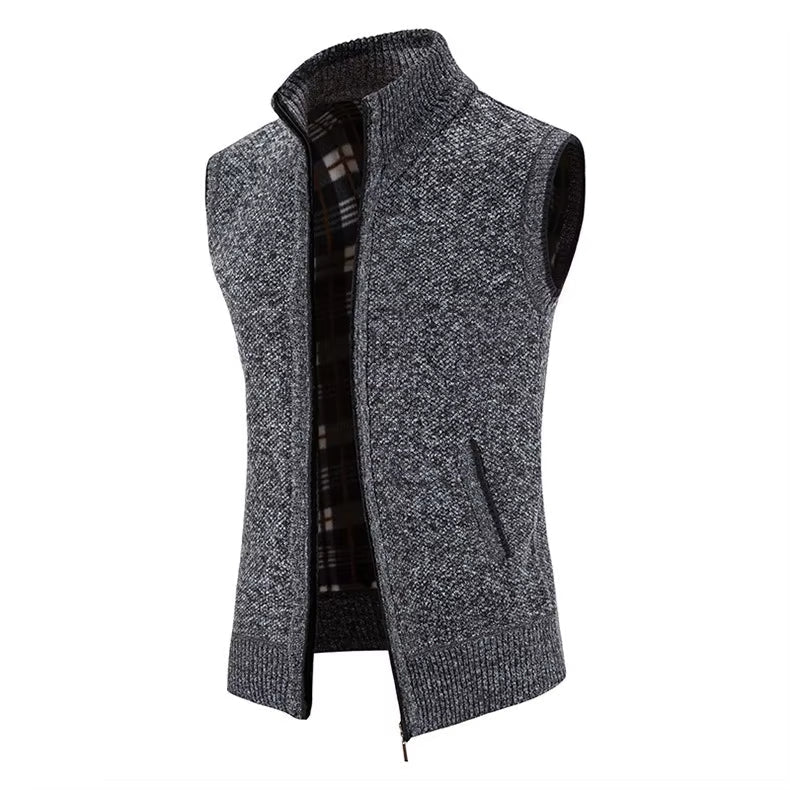 Men's casual full-zip wool blend vest. Elegant plaid lining adds a touch of sophistication to outerwear.