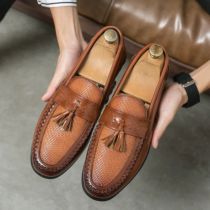 High-quality men's woven loafers with tassels, offering both classic style and comfort.