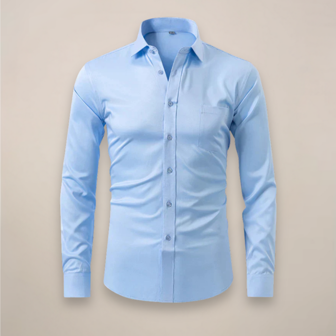 Side view of men's professional long-sleeve button-up shirt, structured fit & easy care.