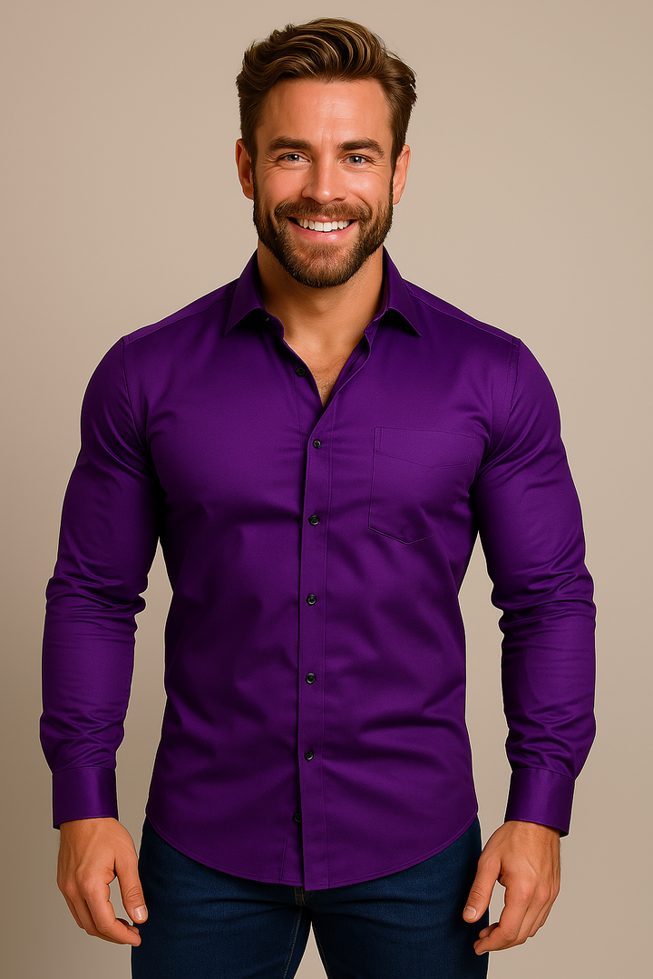 Model wearing men's wrinkle-free long-sleeve button-up for business casual.