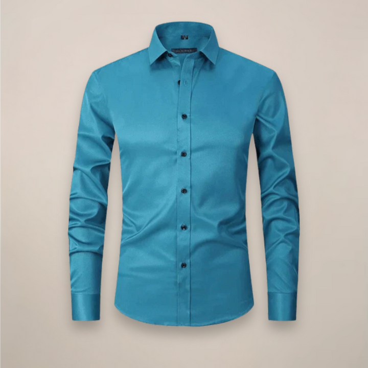 Men's long-sleeve button-up shirt with unbuttoned collar, wrinkle-free for relaxed style.