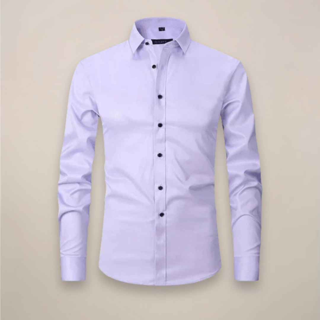 Men's long-sleeve button-up shirt untucked, wrinkle-free, for smart casual versatility.