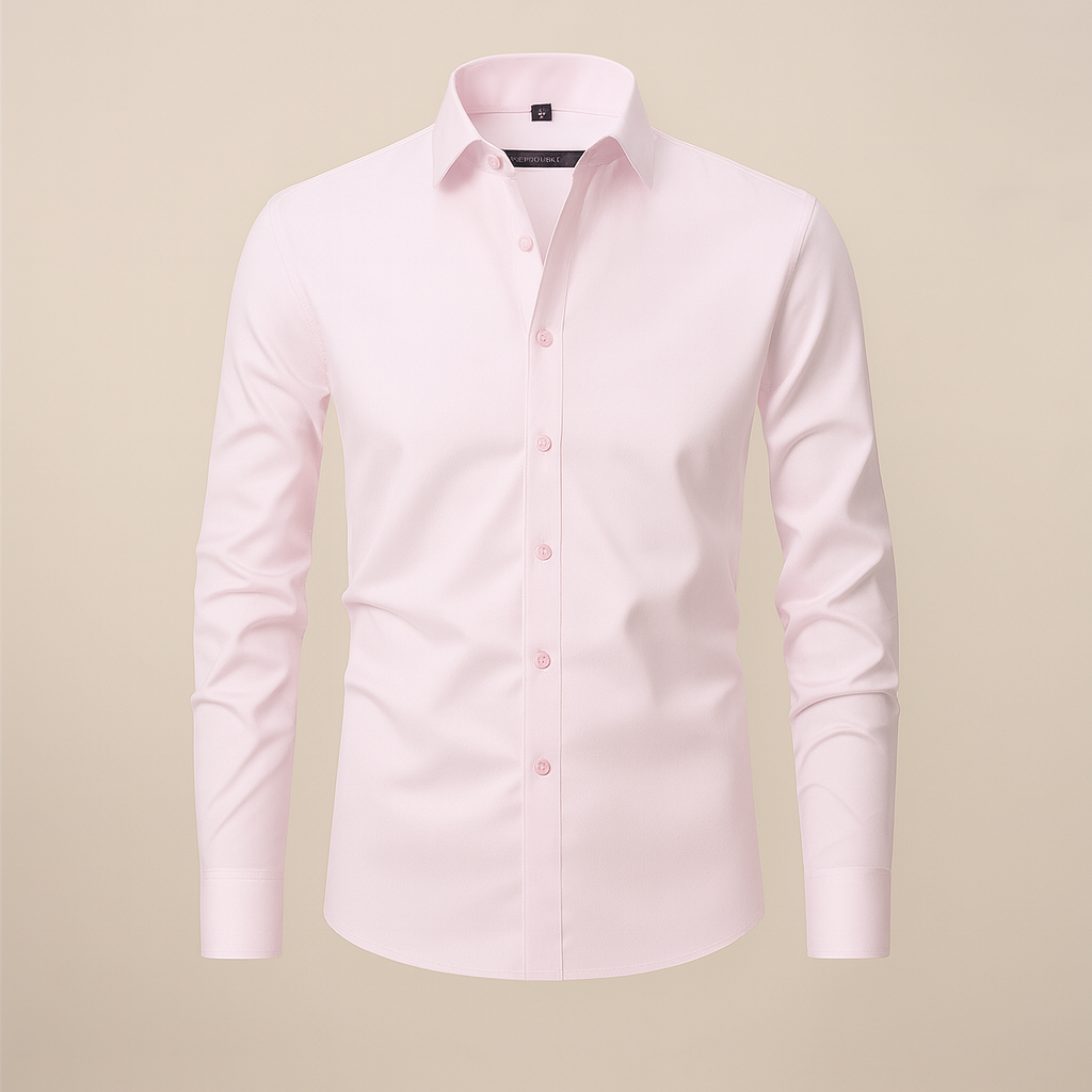 Professional man wearing wrinkle-free long-sleeve button-up shirt, standing pose.