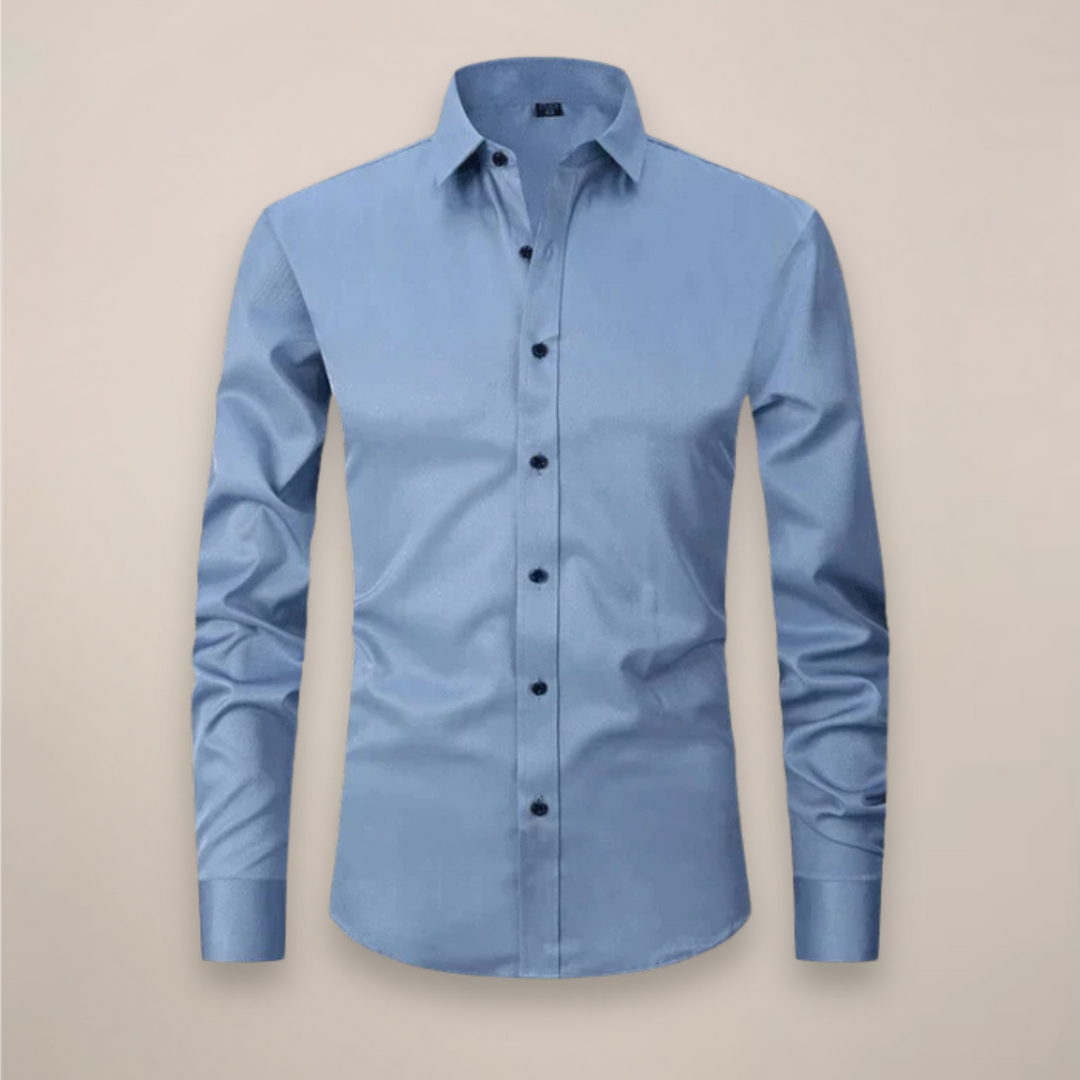 Easy-care men's long-sleeve button-up dress shirt, wrinkle-free for busy professionals.