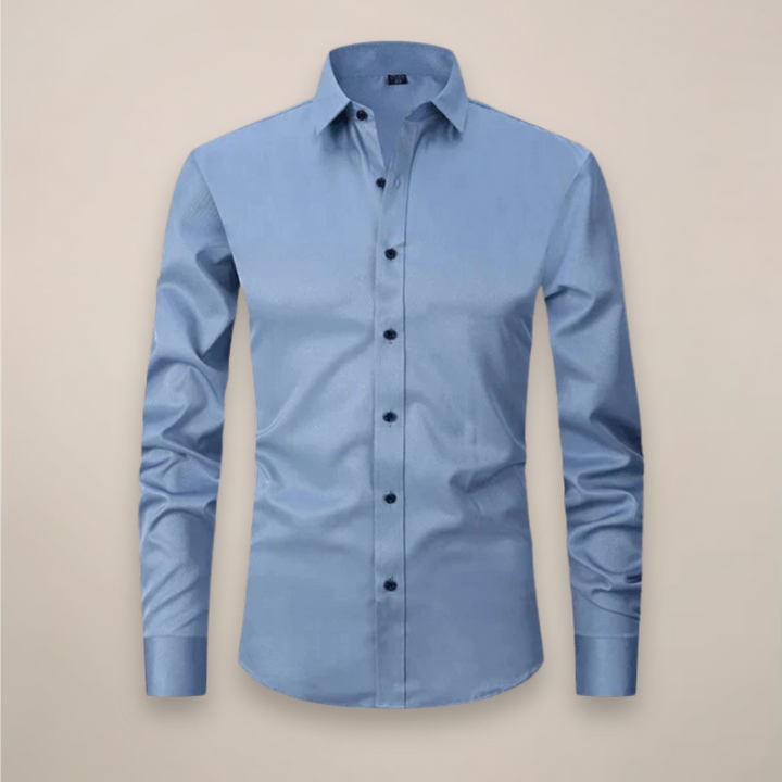 Easy-care men's long-sleeve button-up dress shirt, wrinkle-free for busy professionals.