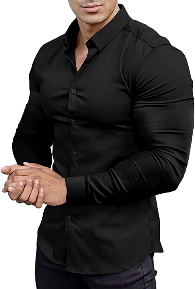 Wrinkle-free slim fit men's shirt, long sleeve, designed for a sleek and professional profile.