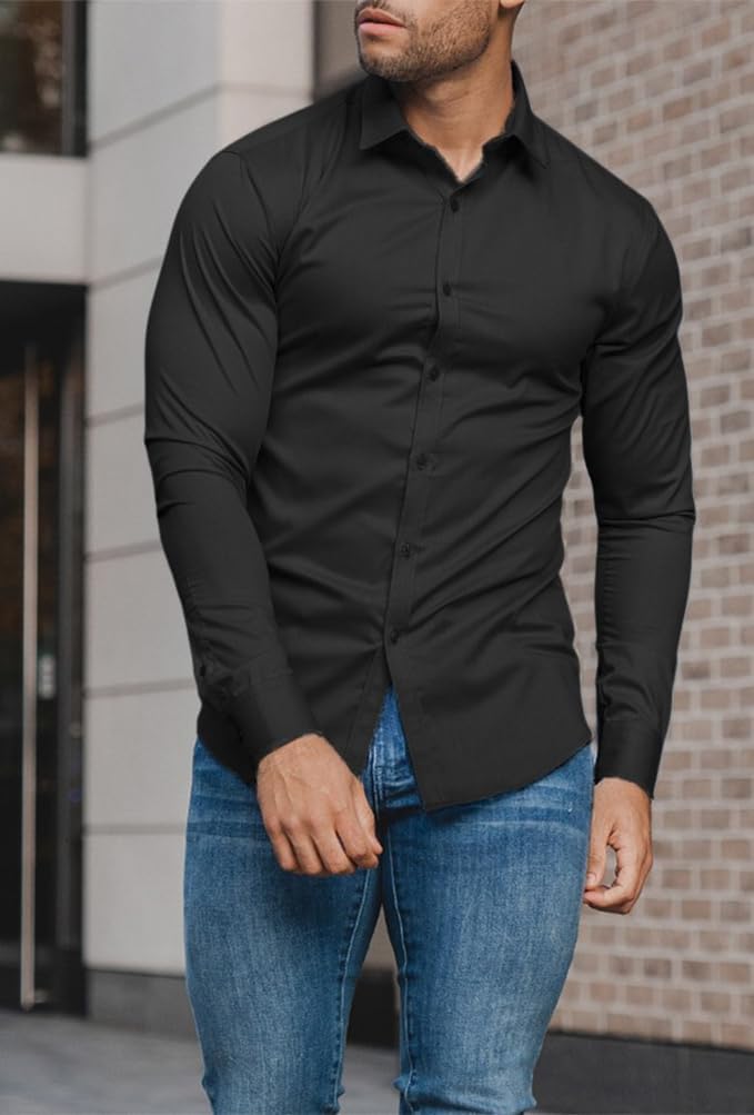 Men's versatile long sleeve shirt, slim fit & wrinkle-free for any formal or casual event.