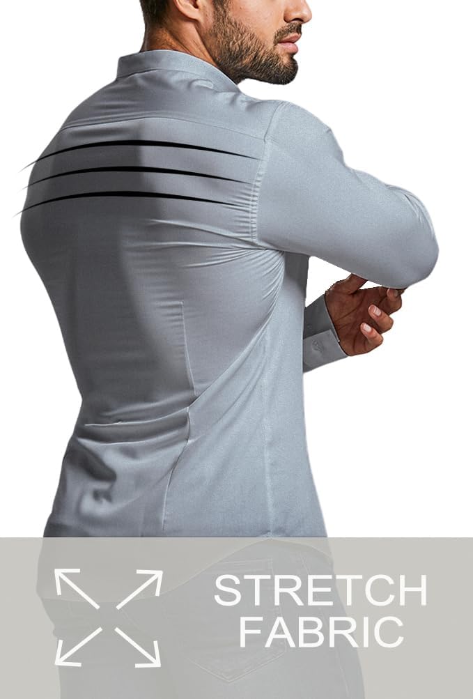Sharp men's wrinkle-free dress shirt, slim fit for office attire & a modern polished look.