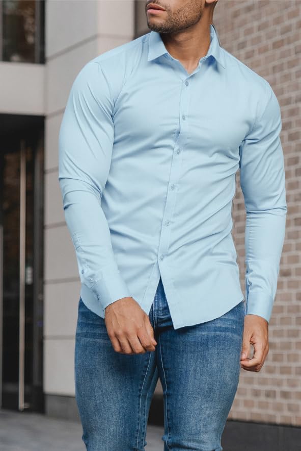 Polished men's slim fit shirt, wrinkle-free, for a sleek, modern men's fashion statement.