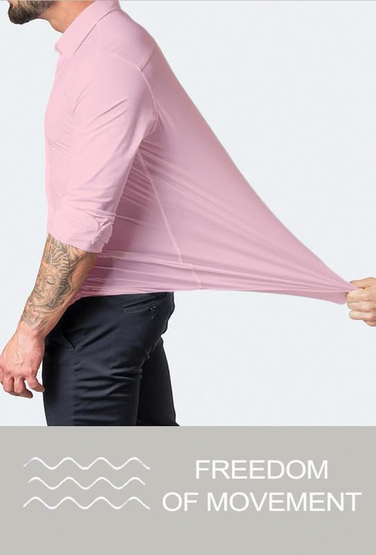 Men's office attire, slim fit, wrinkle-free shirt, combining professionalism with easy wear.